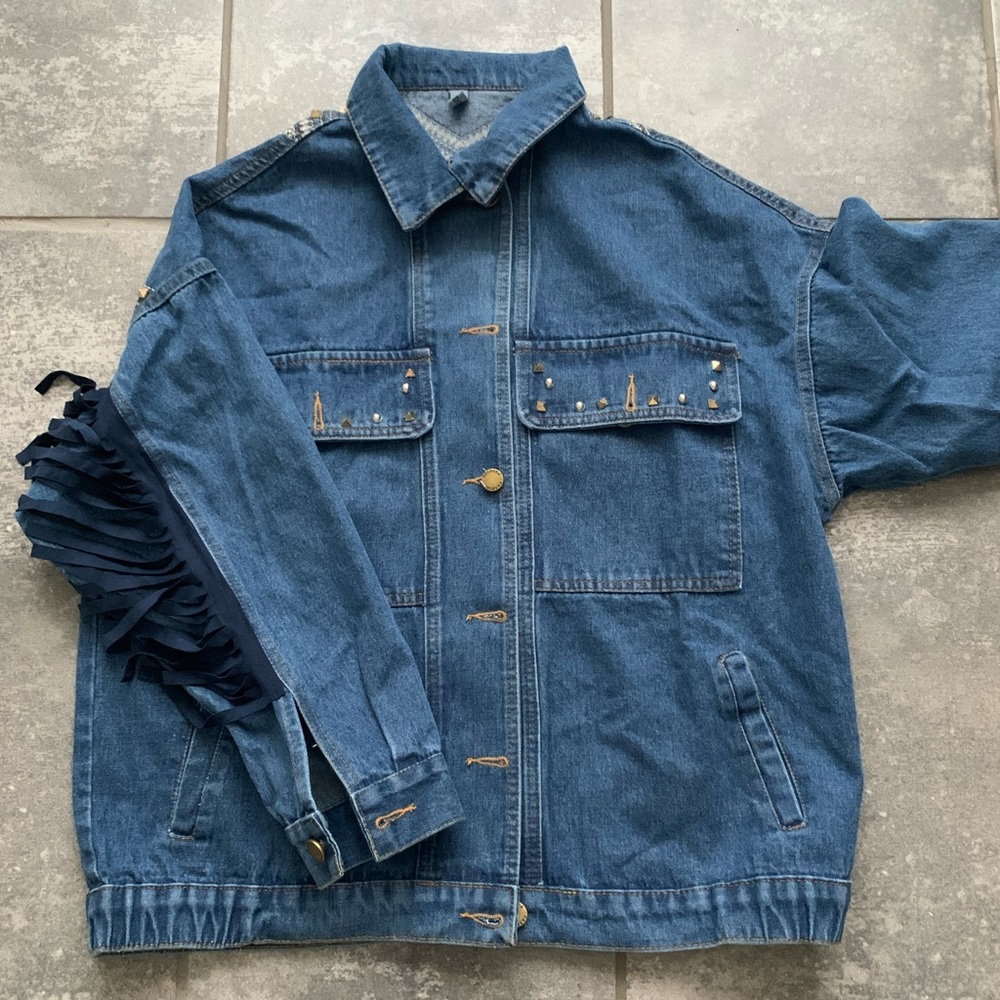 New Bohemian Western Fringe Detailed Embroidered Oversized Denim Jean Jacket - Picture 10 of 12